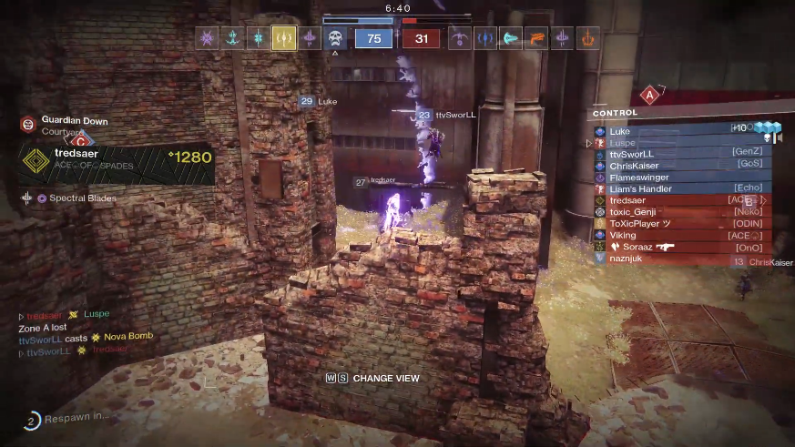 Destiny 2 Crucible team fight with Spectral Blades and scoreboard